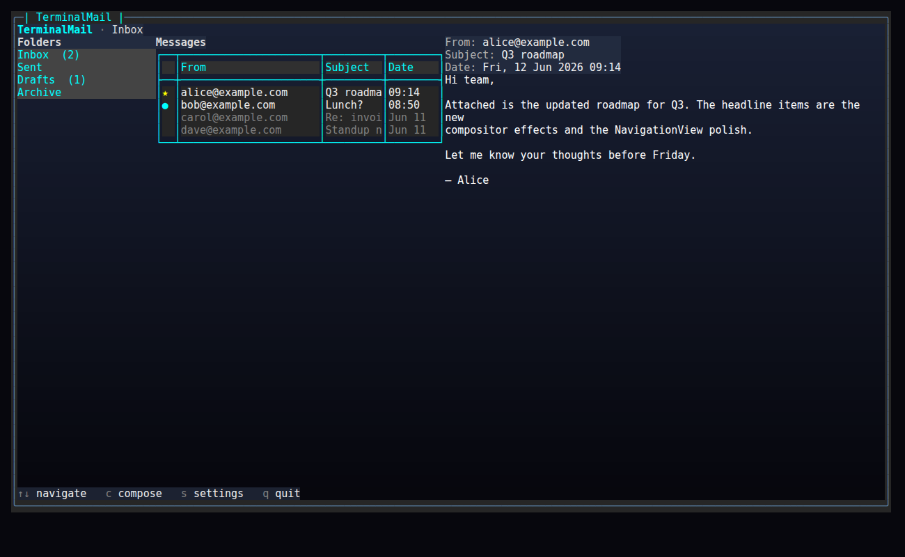 The three-pane layout: a folder sidebar, a message table, and a reading pane, over a vertical gradient backdrop