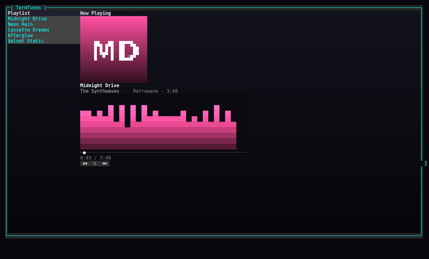 The two-pane layout: playlist on the left, now-playing card on the right with album art, spectrum, gradient seek bar, time, and transport