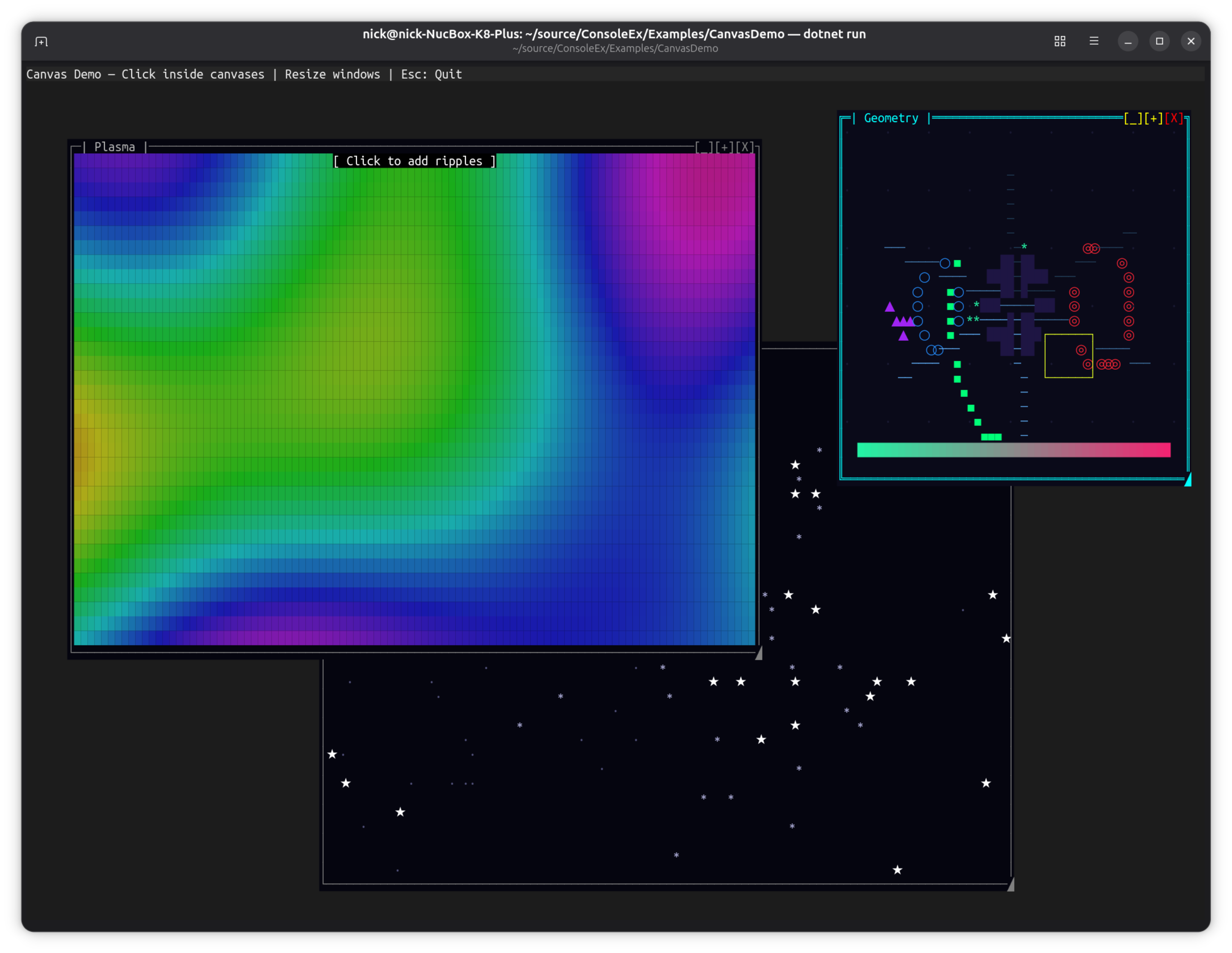 CanvasControl — plasma, geometry primitives, starfield