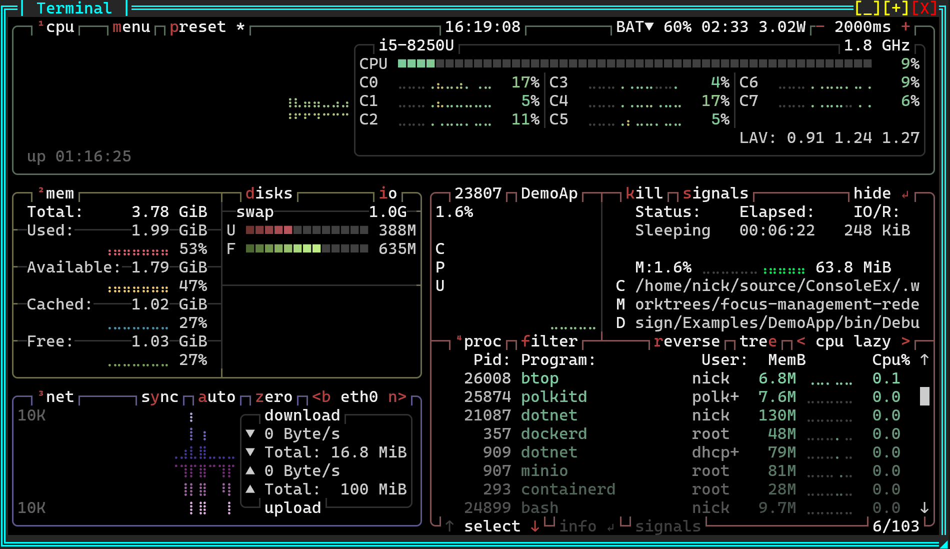 Unique Controls — PTY terminal running btop with character-perfect ANSI capture