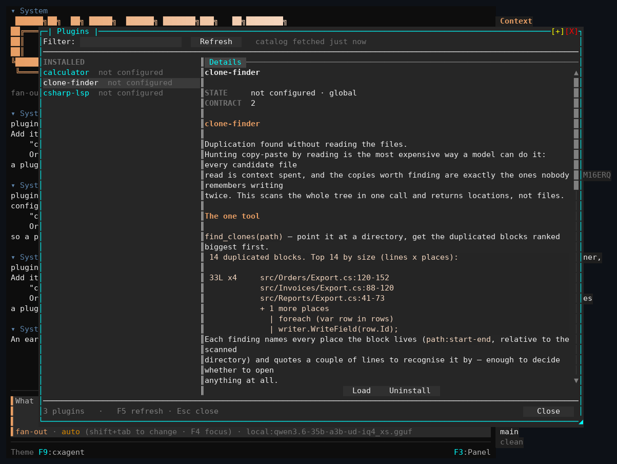 Three plugins installed, with clone-finder's README rendered
