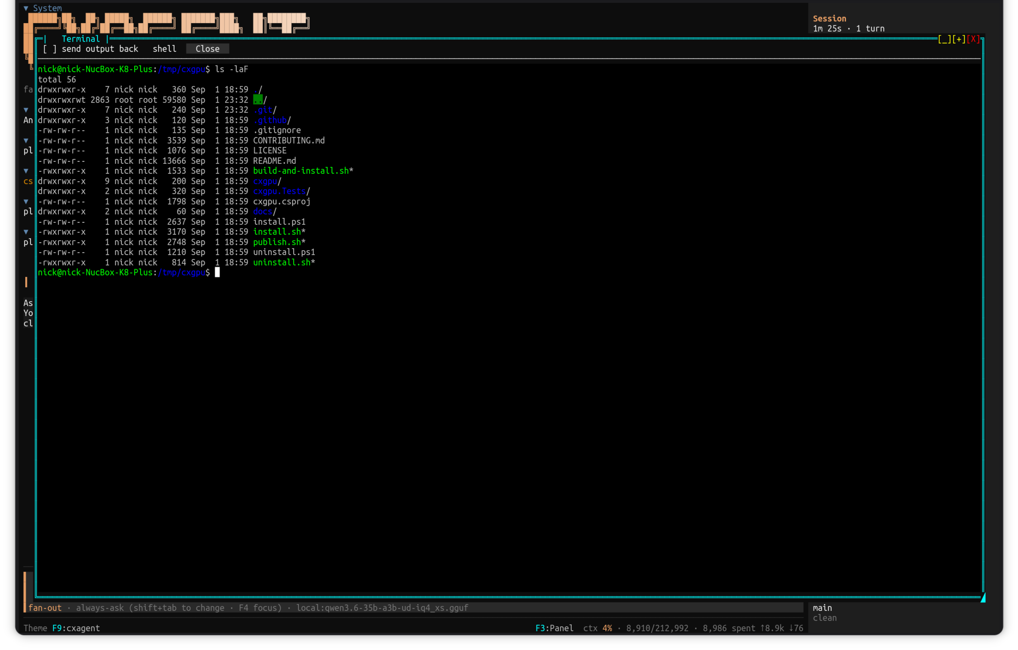 A shell running inside the session, with its own toolbar