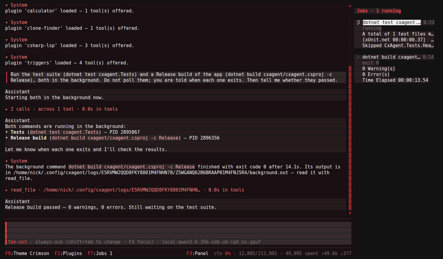 The jobs panel beside the conversation: a finished Release build and a test suite still running