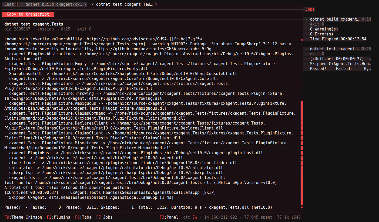 The test job open in a tab, ending in Passed! 3211