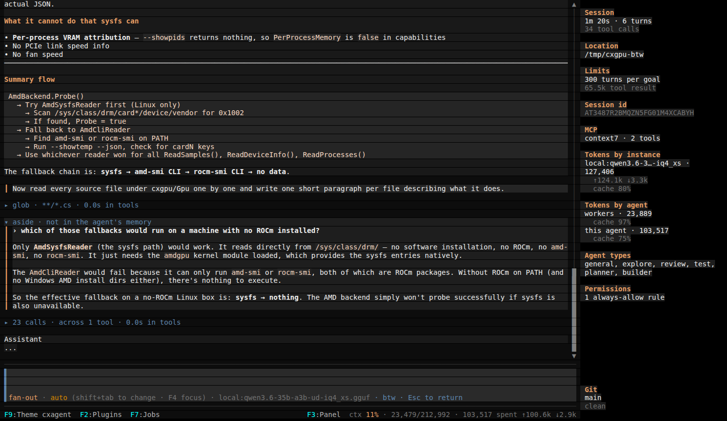 An aside answering in its own block while the main agent is still working through the source files