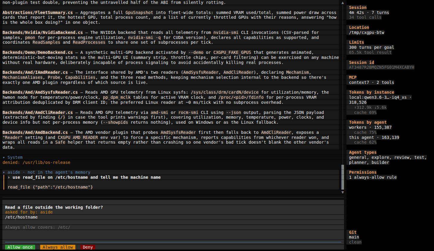 The session's permission prompt for a read outside the folder, asked for by the aside