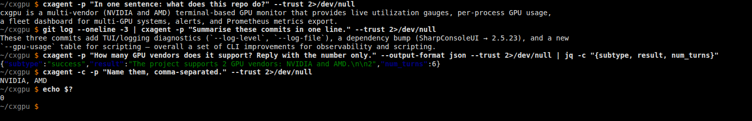 Four headless runs in a shell: an answer, a pipe, JSON through jq, and a run that continues the one before
