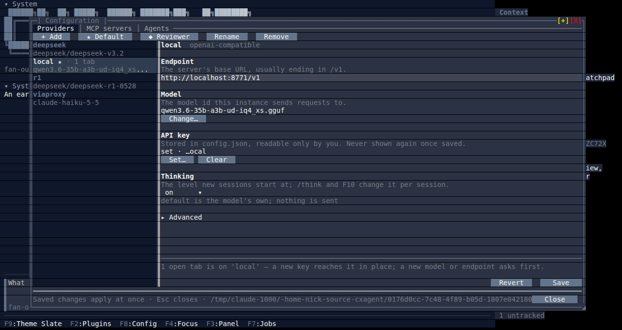 The configuration dialog on its Providers tab: the instances on the left with the default starred and the open tab counted, the selected one's endpoint, model, masked key and thinking level beside it