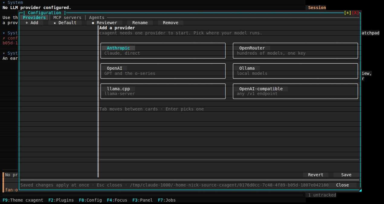 First run with no config: the configuration dialog open on six cards — Anthropic, OpenRouter, OpenAI, Ollama, llama.cpp and OpenAI-compatible