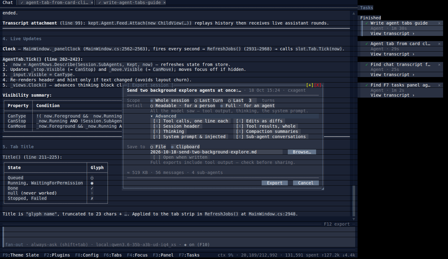 The export dialog over the sub-agents session: Full chosen, the clipboard as the destination, Advanced open with every part ticked, and 519 KB across 56 messages and 4 sub-agents