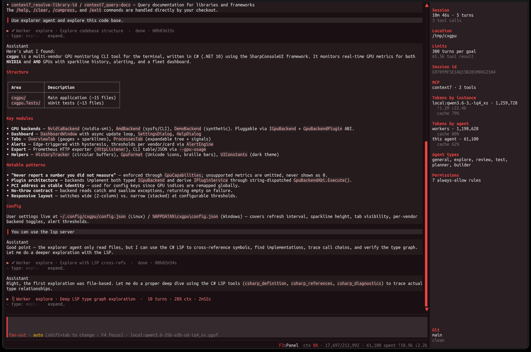 A session exploring a codebase, with two finished workers and the panel showing what it cost