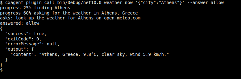 cxagent plugin call running weather_now for Athens