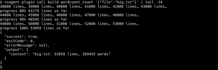 cxagent plugin call counting a 60,000-line file, with progress and the running count